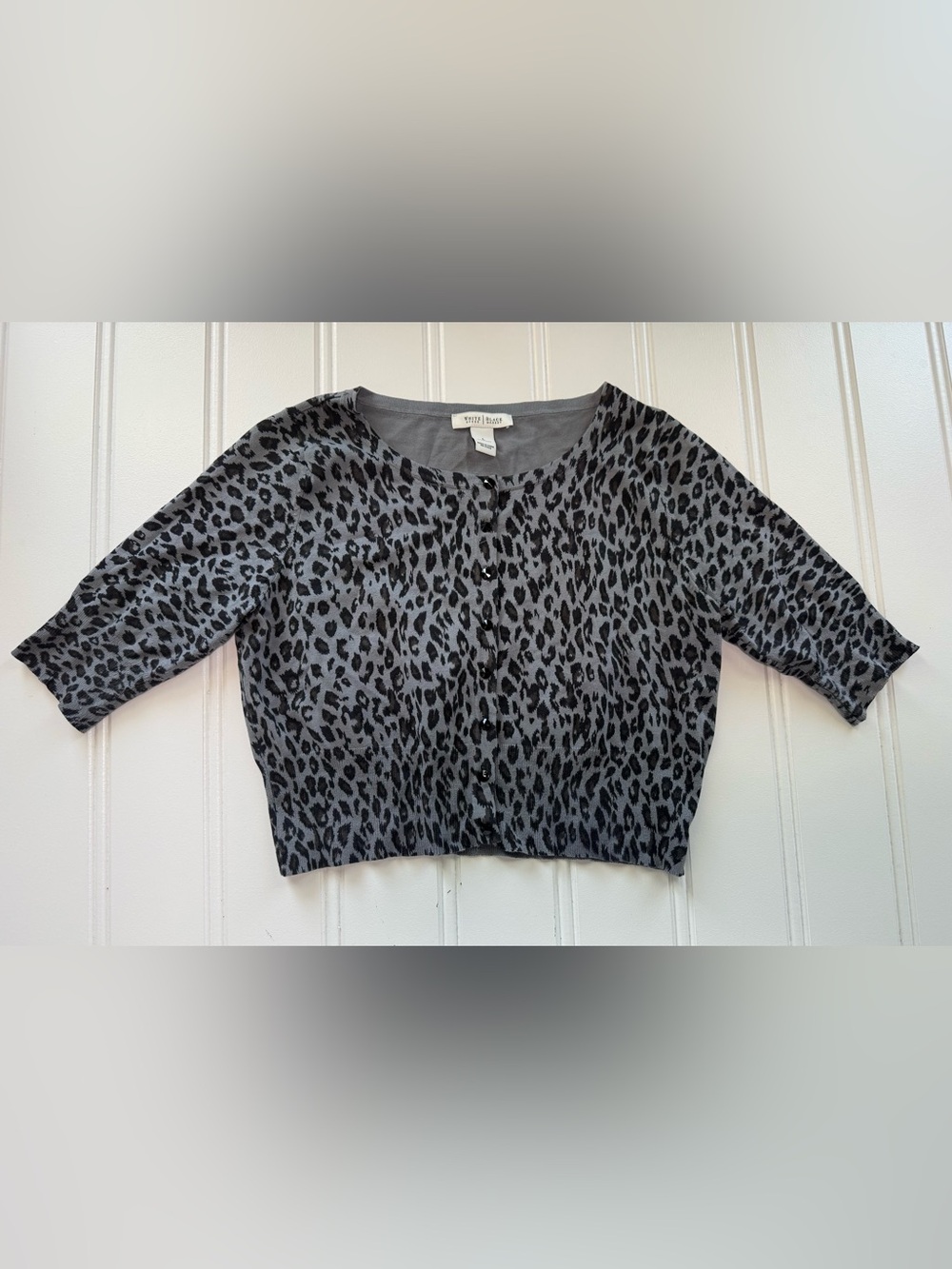 White House Black Market Women Sweater Leopard Cardigan Silk Blend Large Crop